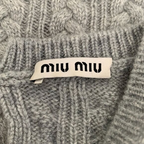 Miu Miu Grey Cashmere Cable-Knit Sweater S Round Neck Long Sleeve Knitwear Made - Picture 5 of 8